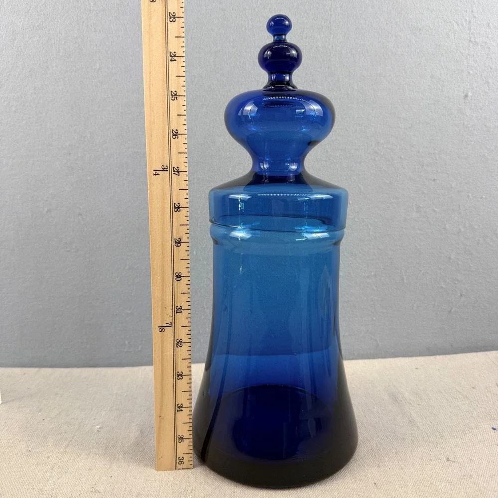 Vintage Empoli Style Italian Blue Glass Apothecary Jar with Lid MCM 14" Italy - Picture 7 of 9